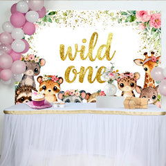 Lofaris Cute Watercolor Wild One Birthday Backdrop with Jungle Animals, Pink Floral Greenery Background for First Birthday Party.