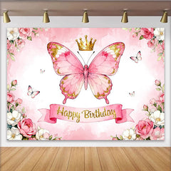 Lofaris Rosa Schmetterling Krone Glitzer Blumen Geburtstag Partyhintergrund, für Mädchen Geburtstagsfeier, Fotostudio-Requisiten