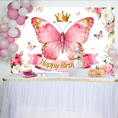 Lofaris Rosa Schmetterling-Hintergrund mit Goldkrone, Fotokulisse für Kindergeburtstage, florale Partydekoration