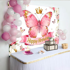 Lofaris Rosa Schmetterling-Hintergrund mit Goldkrone, Fotokulisse für Kindergeburtstage, florale Partydekoration