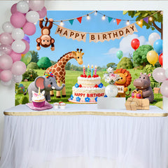 Lofaris Niedlicher bunter Cartoon-Dschungeltier-Geburtstagshintergrund, mit Ballons und Kuchen für Kindergeburtstage