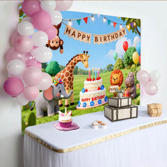 Lofaris Niedlicher bunter Cartoon-Dschungeltier-Geburtstagshintergrund, mit Ballons und Kuchen für Kindergeburtstage