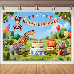 Lofaris Niedlicher bunter Cartoon-Dschungeltier-Geburtstagshintergrund, mit Ballons und Kuchen für Kindergeburtstage