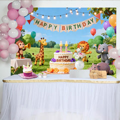 Lofaris Niedlicher Safari-Tier-Geburtstagsparty-Hintergrund, bunte Ballons, Kuchen und fröhliche Feier auf der Wiese