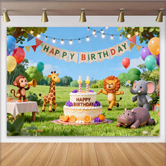 Lofaris Niedlicher Safari-Tier-Geburtstagsparty-Hintergrund, bunte Ballons, Kuchen und fröhliche Feier auf der Wiese