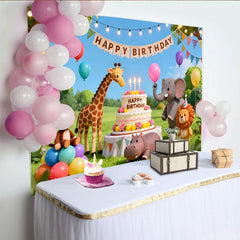 Lofaris Cute Cartoon Safari Animal Birthday Backdrop with Balloons, Vibrant Jungle Party Background for Kids Photoshoot