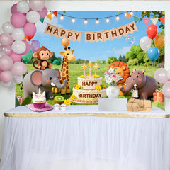 Lofaris Cartoon Safari Animal Happy Birthday Backdrop with Balloons and Cake, Green Grass Party Photography Background for Kids