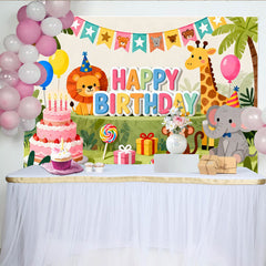 Lofaris Colorful Jungle Animal Happy Birthday Backdrop for Kids Party, Cute Safari Theme Photo Background for Celebration Decor