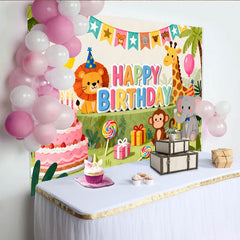 Lofaris Colorful Jungle Animal Happy Birthday Backdrop for Kids Party, Cute Safari Theme Photo Background for Celebration Decor