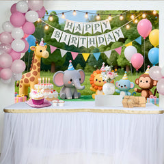 Lofaris Cute Cartoon Animal Birthday Backdrop with Safari Friends and Party Hats, Vibrant Greenery Background for Kids Celebration
