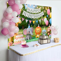 Lofaris Cute Cartoon Animal Birthday Backdrop with Safari Friends and Party Hats, Vibrant Greenery Background for Kids Celebration