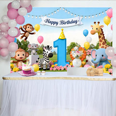 Lofaris Niedlicher Dschungel-Safari-1.-Geburtstagshintergrund, bunte Ballons und Blumen für Babypartys, fröhliche Fotokulisse