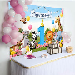 Lofaris Niedlicher Dschungel-Safari-1.-Geburtstagshintergrund, bunte Ballons und Blumen für Babypartys, fröhliche Fotokulisse