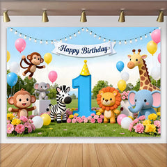 Lofaris Niedlicher Dschungel-Safari-1.-Geburtstagshintergrund, bunte Ballons und Blumen für Babypartys, fröhliche Fotokulisse