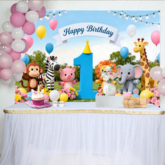 Lofaris Niedlicher bunter Safari-Tier-1.-Geburtstagshintergrund, mit Ballons und Dschungel-Motiv, für Babyparty und Kinder