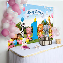 Lofaris Niedlicher bunter Safari-Tier-1.-Geburtstagshintergrund, mit Ballons und Dschungel-Motiv, für Babyparty und Kinder