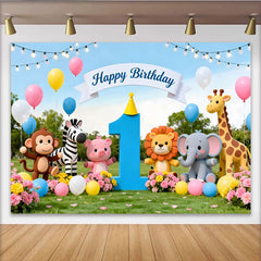 Lofaris Niedlicher bunter Safari-Tier-1.-Geburtstagshintergrund, mit Ballons und Dschungel-Motiv, für Babyparty und Kinder