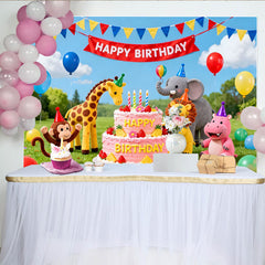 Lofaris Cute Animal Birthday Backdrop with Pink Cake and Balloons, Vibrant Party Decor for Children's Photoshoot and Celebration