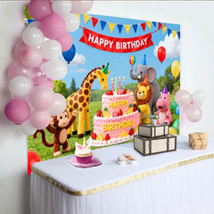 Lofaris Cute Animal Birthday Backdrop with Pink Cake and Balloons, Vibrant Party Decor for Children's Photoshoot and Celebration