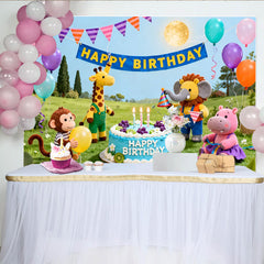 Celebrate Cartoon Animal Birthday Backdrop with Colorful Balloons and Cake, Joyful Party Decoration for Kids Celebration