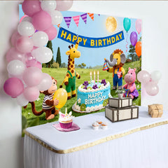 Celebrate Cartoon Animal Birthday Backdrop with Colorful Balloons and Cake, Joyful Party Decoration for Kids Celebration