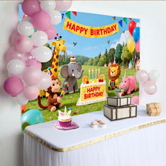 Lofaris Cute Animal Birthday Backdrop with Happy Birthday Banner, Colorful Balloons Jungle Safari Party Decor for Kids