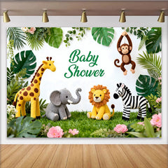 Lofaris Green Jungle Safari Baby Shower Backdrop with Cute Animals and Lush Foliage, White Background Photography Prop for Party Decor