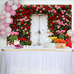 Lofaris Roter und rosa Rosen-Tür-Hintergrund, Frühlingsgarten-Kulisse für Hochzeiten und Partys, rustikale Fotodekoration