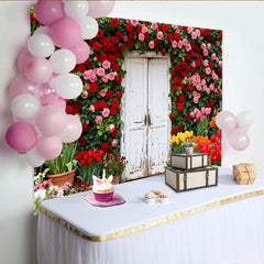 Lofaris Roter und rosa Rosen-Tür-Hintergrund, Frühlingsgarten-Kulisse für Hochzeiten und Partys, rustikale Fotodekoration