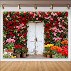 Lofaris Roter und rosa Rosen-Tür-Hintergrund, Frühlingsgarten-Kulisse für Hochzeiten und Partys, rustikale Fotodekoration