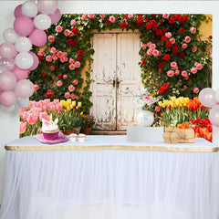 Lofaris Rustikaler Garten-Fotohintergrund mit Rosen und Tulpen, für Frühlings- und Sommerpartys, romantische Kulisse