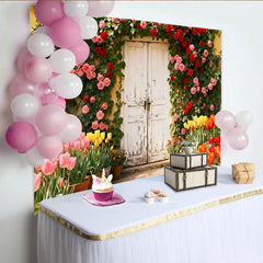 Lofaris Rustikaler Garten-Fotohintergrund mit Rosen und Tulpen, für Frühlings- und Sommerpartys, romantische Kulisse