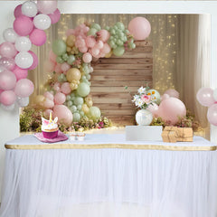 Lofaris Pastel Pink and Green Balloon Garland Boho Baby Shower Backdrop with Rustic Wood, Elegant Photography Background for Party Decor
