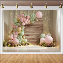 Lofaris Pastel Pink and Green Balloon Garland Boho Baby Shower Backdrop with Rustic Wood, Elegant Photography Background for Party Decor