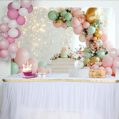 Lofaris Elegant Pink and Mint Green Balloon Birthday Backdrop with Gold Accents, Floral String Lights Photo Background for Baby Girl Party