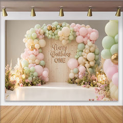 Lofaris Pastel Pink Green 1st Birthday Backdrop with Balloons and Flowers, Elegant Wood Texture Background for Baby Girl Party Decor
