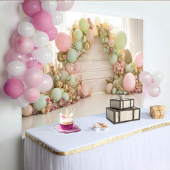 Lofaris Pastel Balloon Floral Arch Birthday Backdrop, Wooden Wall Photography Background for Baby Shower Party Decor