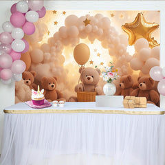 Lofaris Dreamy Teddy Bear Baby Shower Backdrop with Balloons and Stars, Soft Cloud Background for Newborn Photography and Party Decor