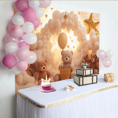 Lofaris Dreamy Teddy Bear Baby Shower Backdrop with Balloons and Stars, Soft Cloud Background for Newborn Photography and Party Decor