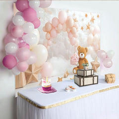 Lofaris Pink and Cream Teddy Bear Baby Shower Backdrop with Balloons and Stars, Dreamy Cloud Photography Background for Newborn Photoshoot