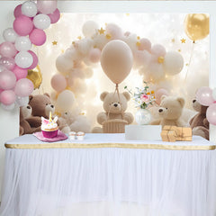 Lofaris Cute Teddy Bear Baby Shower Backdrop with Cloud Balloons and Golden Stars, Dreamy Photography Background for Newborn Party