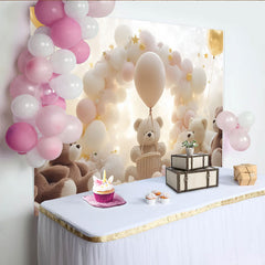Lofaris Cute Teddy Bear Baby Shower Backdrop with Cloud Balloons and Golden Stars, Dreamy Photography Background for Newborn Party