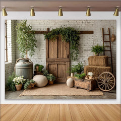 Lofaris Rustic Farmhouse Photography Backdrop with White Brick Wall and Wooden Barn Door, Natural Studio Background for Portrait Photoshoot