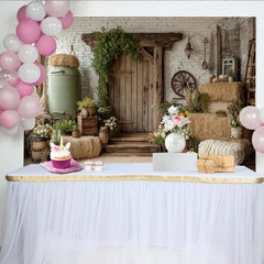 Lofaris Rustic Farmhouse Photography Backdrop with White Brick Wall and Hay Bales, Vintage Wood Door Background for Studio Photoshoot