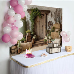 Lofaris Rustic Farmhouse Photography Backdrop with White Brick Wall and Hay Bales, Vintage Wood Door Background for Studio Photoshoot