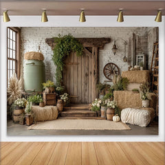 Lofaris Rustic Farmhouse Photography Backdrop with White Brick Wall and Hay Bales, Vintage Wood Door Background for Studio Photoshoot