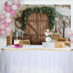 Lofaris Rustic Barn Door Photography Backdrop with Greenery and Hay Bales, Farmhouse Style Background for Studio Photoshoot