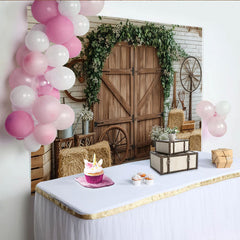 Lofaris Rustic Barn Door Photography Backdrop with Greenery and Hay Bales, Farmhouse Style Background for Studio Photoshoot