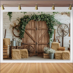 Lofaris Rustic Barn Door Photography Backdrop with Greenery and Hay Bales, Farmhouse Style Background for Studio Photoshoot