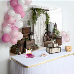 Lofaris Rustic Farmhouse Photography Backdrop with White Brick Wall and Barn Door, Vintage Studio Background for Portrait Photoshoot